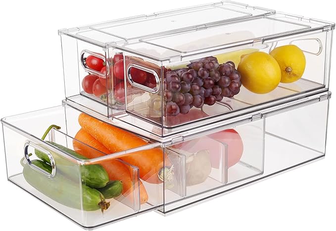 Taiuloo 3 Pack Stackable Refrigerator Organizer Bins with Pull-Out Drawer, Clear BPA-Free Food Storage Containers for Fridge Freezer, Kitchen Pantry Cabinet & Bathroom Vanity Organization
