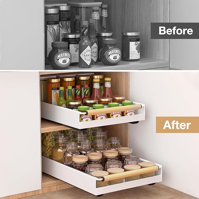Pull out Cabinet Organizer, 16" Deep Pull Out Drawer for Kitchen Cabinets Adhesive with Nano Film, Slide out Cabinet Organizer Shelf for Pantry Bathroom Organization White
