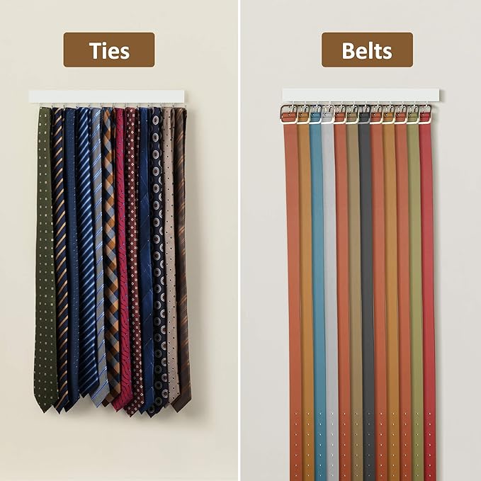 ZEDODIER 2 Pack Wodden Tie Hanger Wall Mounted, Space Saving Belt Organizer for Man with 24 180° Rotating Hooks, Space Saving Belt Storage Holder, White
