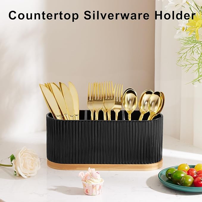 Countertop Silverware Holder, Silverware Caddy Organizer Holder for Forks, Spoons, Knives, Cutlery Caddy with 3 Compartments, Kitchen Utensil Holder for Party, Countertop, Black