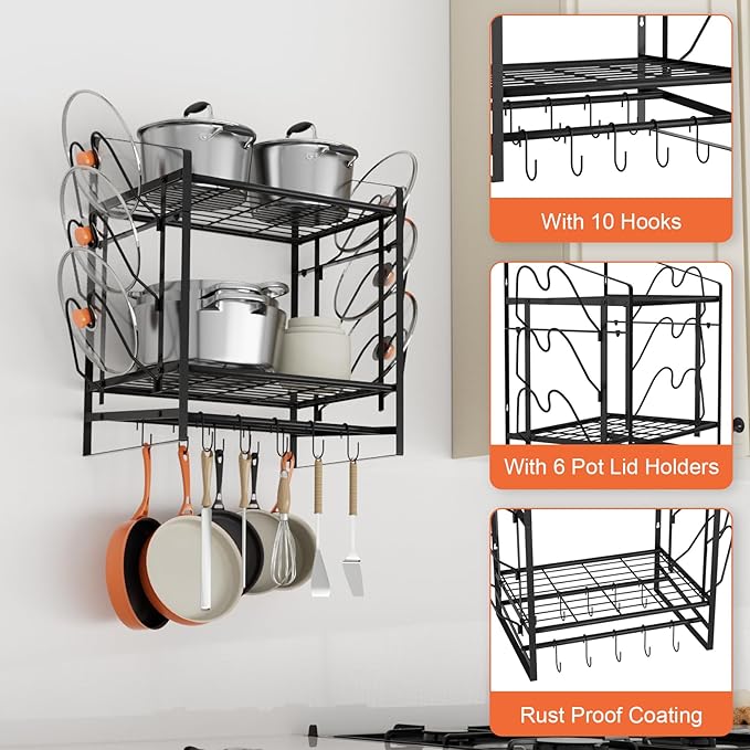 24 Inch Pot Rack Wall Mounted, 2 Tier Pots and Pans Organizer with 10 Hooks and 6 Pot Lid Holders, Heavy Duty Steel Pot and Pan Hanger for Kitchen Cookware Utensils Storage 24" Lx13 Wx20.5 H