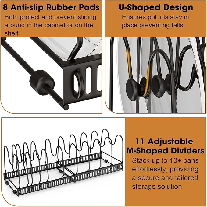 Pots and Pans Organizer, Expandable Rack with 11 Dividers for Bakeware and Lid Storage (Black)