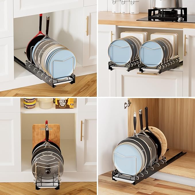 Pots and Pans Organizer Under Cabinet, Pot Lid Pan Organizer Inside Cabinet, Pull Out Cabinet Organizer with Drain Pan, Pot Organizer Rack for Under Cabinet Featuring 7 Adjustable Dividers