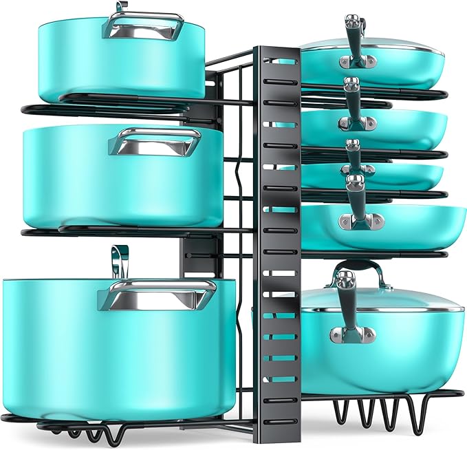 MUDEELA Pots and Pans Organizer Rack under Cabinet with 3 DIY Methods, Adjustable Pot Pan Rack with 8 Tiers for Kitchen Cabinet Organizers and Storage