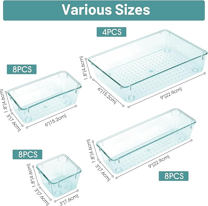 WOWBOX 28 PCS Clear Plastic Drawer Organizer Set, 4 Sizes Desk Drawer Divider Organizers and Storage Bins for Makeup, Jewelry, Gadgets for Kitchen, Bedroom, Bathroom, Office,Sea Blue