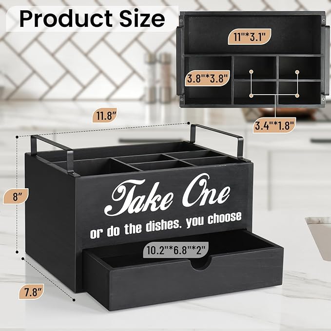 Paper Plate Holder Countertop, Utensil Caddy with Drawer, Black, 6 Compartments, 1 Drawer, Space Saving, Convenient to Carry, Sturdy, Easy Cleaning, Ideal Gift Idea