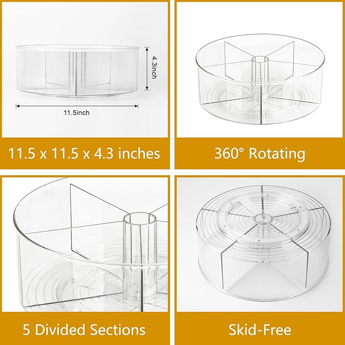 Large Lazy Susan Rotating Turntable Organizer with 5 Dividers - for Kitchen, Bathroom, Cabinet, Pantry, Fridge, Countertop, Vanity - Spinning Food Storage Container for Spices, Condiments-11.5", Clear