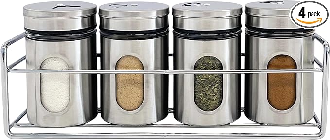 4 Pcs Stainless Steel Spice Seasoning Container Jars with Storage Rack, Perfect for Storing Spices, Salt, Pepper, Sugar and Dry Ingredients (Silver)