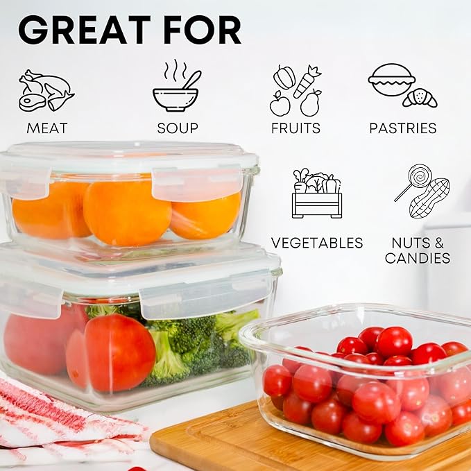 Razab 10 Pcs Glass Food Storage Containers with Lids – 40, 27, 17 Oz | Airtight Glass Storage Containers, BPA-Free meal prep containers reusable glass - Leakproof Kitchen Containers for Organizing