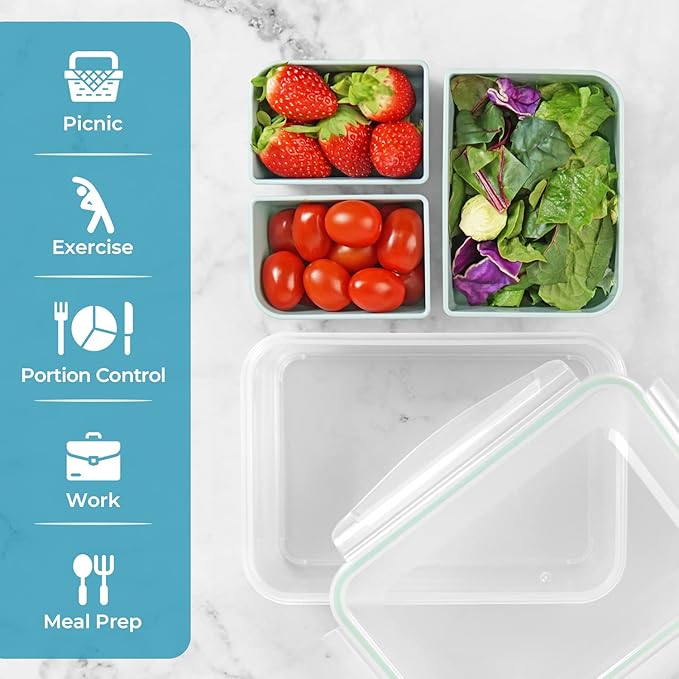 carrotez Food Storage Container with 3 Removable Compartments, Food Prep Container with Airtight Lids, Portion Control Container, Reusable, BPA Free, 6.3 Cup (1500ml)