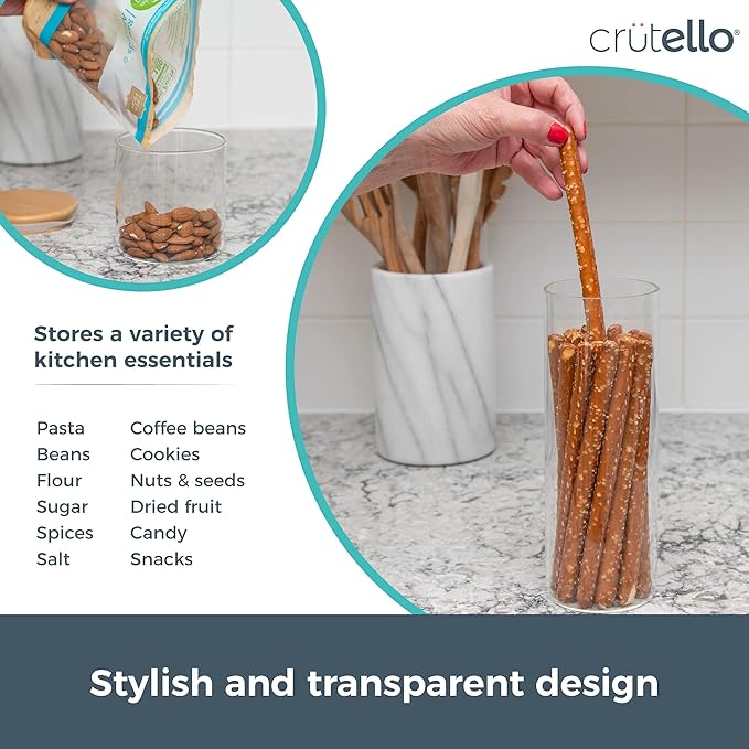 Crutello Glass Food Storage Containers with Bamboo Lids, Kitchen Glassware Canisters 4 Pack, One 54 & 32 oz, Two 23 oz, Pantry Glass Airtight Containers