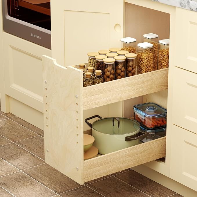 ROOMTEC Pull Out Cabinet Organizer with U Bracket,10½”W x 18½”H 2-Tier Adjustable Kitchen Spice Rack, Spice Rack Organizer for Narrow Cabinet Drawers Slide Out, Soft Close