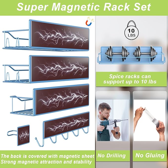 Magnetic Spice Rack for Refrigerator, 9 Pack Magnetic Fridge Shelves W/Adjustable Paper Towel Holder, Hook Rack, Moveable Spice Organizer Shelf for Kitchen Organization and Storage (Blue)