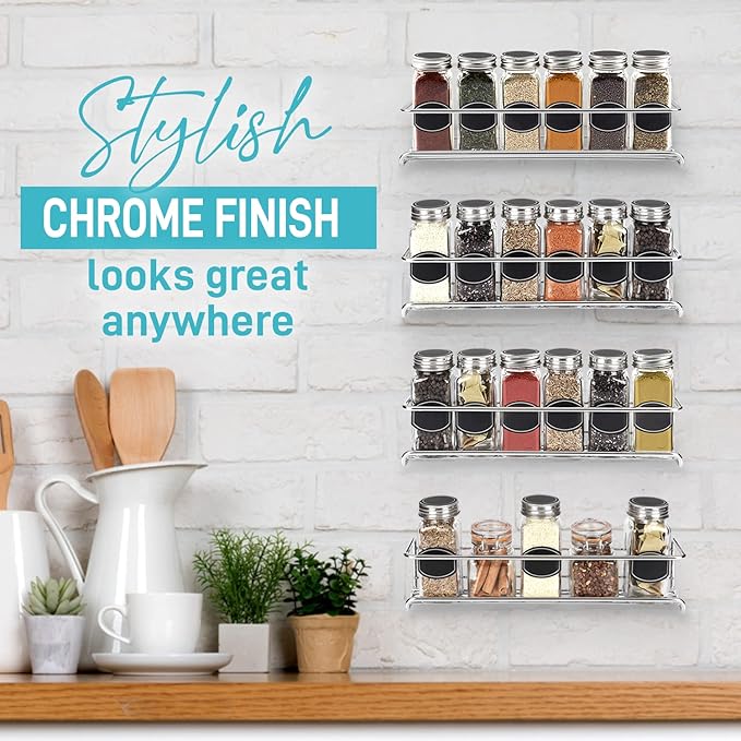 Spice Rack Wall Mounted 4 Tier – Space-Saving Kitchen Spice Organizer for Seasonings – Screw or Adhesive Hanging – Wall Mount Hanging Spice Rack for Wall, Cabinet, Pantry Door