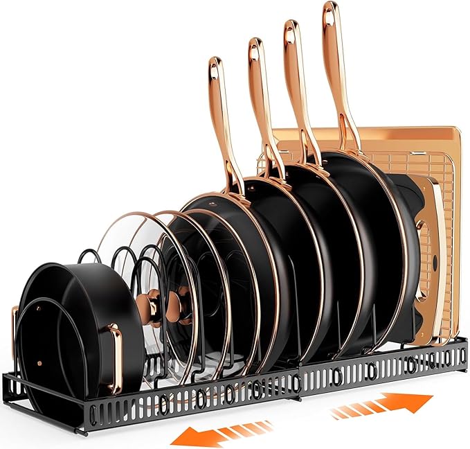 Expandable Pot and Pan Organizer Rack - Adjustable Kitchen Cabinet Holder for Pots, Lids, and Pans