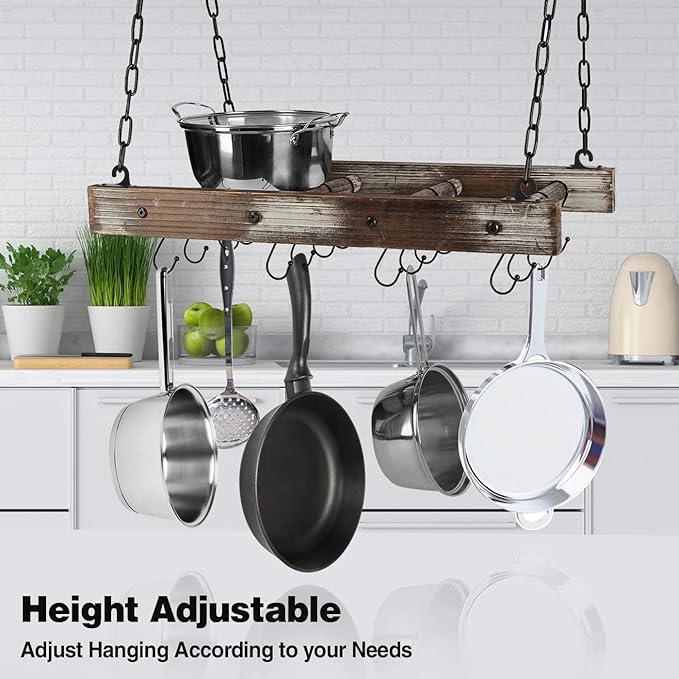 J JACKCUBE DESIGN Hanging Pot Rack Pan Ceiling Wall Mounted Hanger Multi- Purpose Rustic Wood and Metal Cookware Kitchen Storage Organizer With Utility 16 Hooks - MK603B
