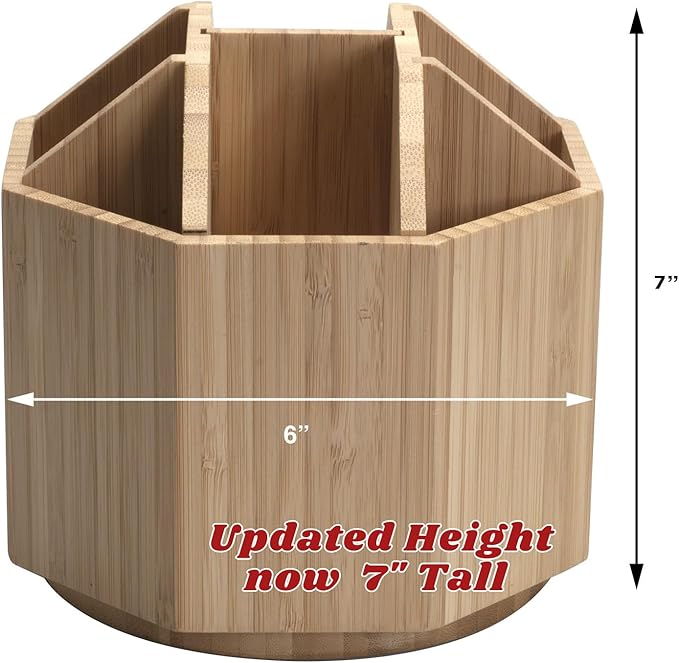 Bamboo Rotating Utensil Holder & Kitchen Organizer, Multiple Compartments, 8 Sections, store Forks, Serving Spoons, Knives, and other cooking tools with Removable Divider for Customized Storage