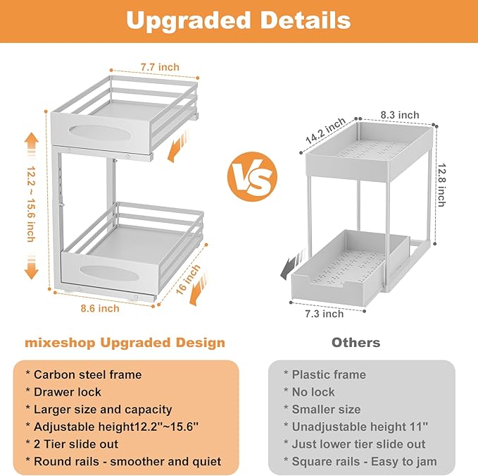 Under Sink Organizer, Pull Out Cabinet Organizers, Slide Sink Steel Shelf Cabinet Storage Shelves, Under Sink Storage for Kitchen Bathroom Cabinet (White, 1 Pack)