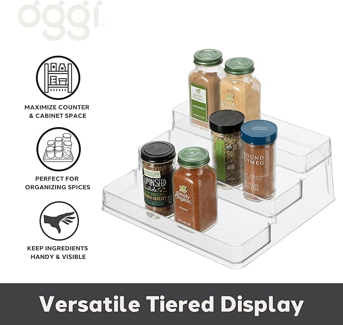 Oggi 3 Tier Spice Organizer & Pantry Storage- For Shelf, Kitchen Cabinet, Spice Rack, Pantry Organization and Storage, Clear Shelves