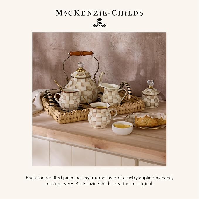 MACKENZIE-CHILDS Large Enamel Canister, Kitchen Storage Container with Lid, Brown-and-White Mocha Check