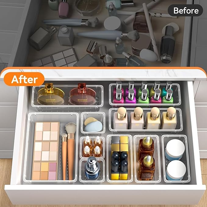 WOWBOX 8 PCS Clear Plastic Drawer Organizer Set, 4 Sizes Desk Drawer Organization and Storage Containers for Makeup, Cosmetics, Jewelry and Gadgets in Kitchen, Bathroom, Bedroom, Office, Clear