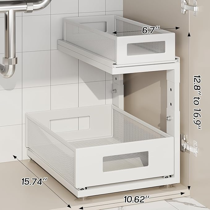 1 Pack 15.74IN-Depth Under Sink Organizer with Next-Gen Ball-Bearing Slides,2-Tier Pull Out Cabinet Storage,Height Adjustable Drawer Shelf for Bathroom,Kitchen,Laundry,Cabinet,Pantry-White