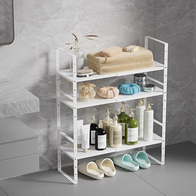 Cabinet organizer shelf,Expandable Adjustable Stackable Kitchen Organizer,Metal shelf risers for cabinets, kitchens and desks(1Pack/White/Medium)