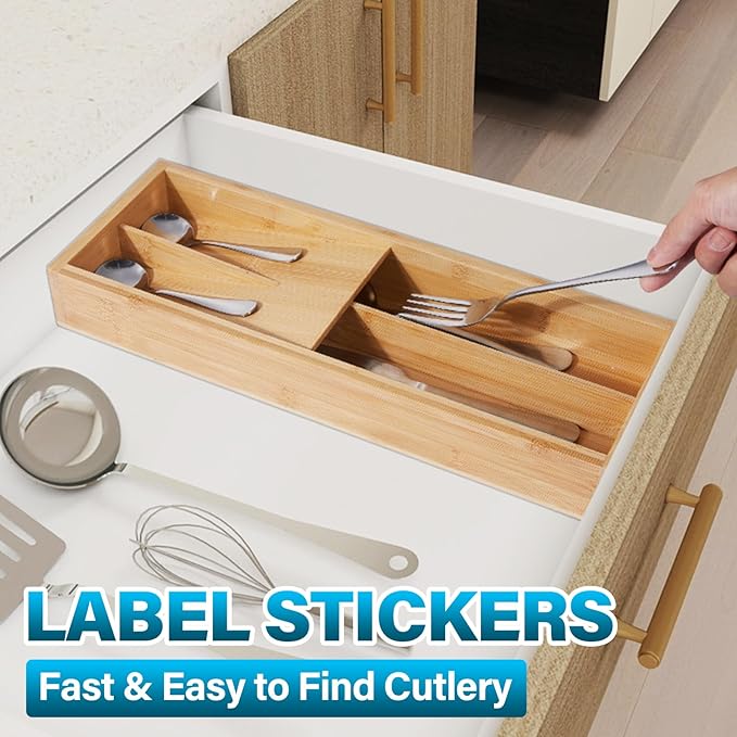 Bamboo Silverware Drawer Organizer, Kitchen Utensil Tray Holder Organizer, Drawer Storage Organization for Flatware, Cutlery, Spoon, Forks and Knives 4 Slots