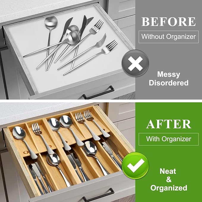 Bamboo Silverware Drawer Organizer Cutlery Tray for Drawer Wood Kitchen Utensil Tray Flatware Caddy Cutlery Holder Utensil Drawers Organizer for Spoon Fork Knives Wooden Silverware Trays