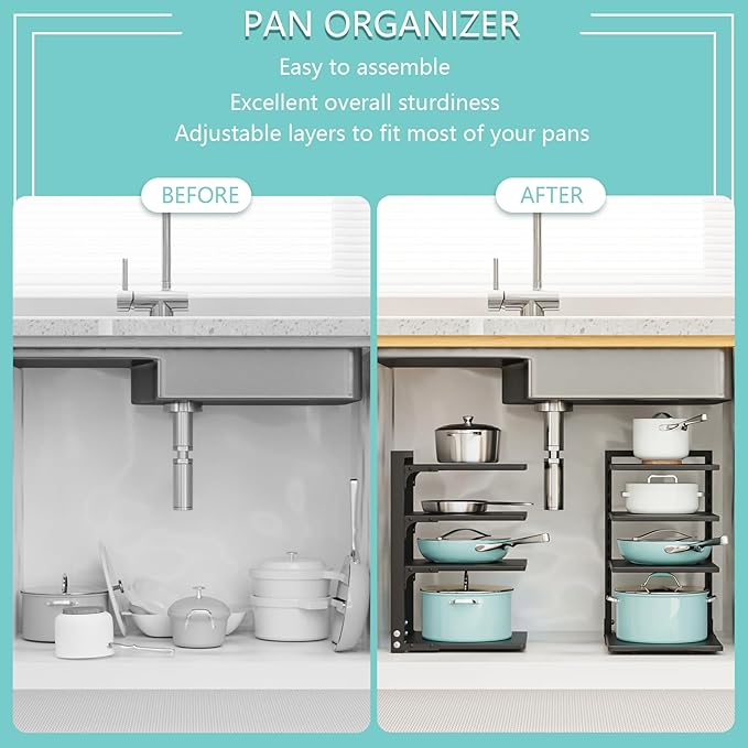 Pan Organizer for Under Cabinet, Kitchen Cabinet Organizer with 3 Adjustable Shelves, Pot and Pan Organizer, Pan Organizers and Storage Solution, Easy Assembly and Space-Saving for Homeowners