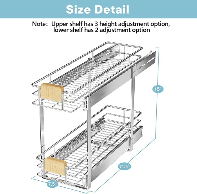 LOVMOR 2 Tier Pull Out Cabinet Organizer 7½" W x 21½" D, Slide Out Drawers with Wooden Handle, Sliding Shelves Organization and Storage for Kitchen, Pantry