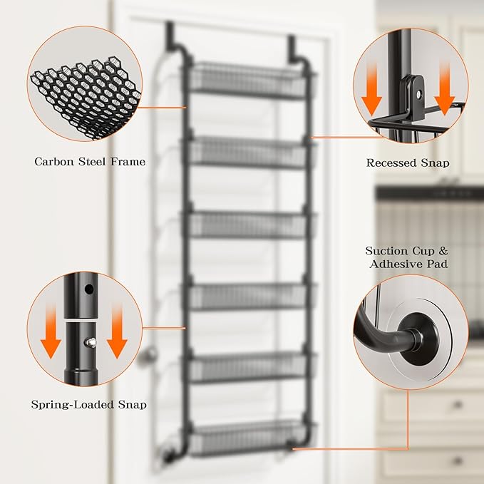 Over The Door Pantry Organizers and Storage, 6-Tier Spice Rack, Home & Kitchen Storage Shelves for Cabinet, Large Capacity Hanging Seasoning Organizer, Laundry Room Organization, Black