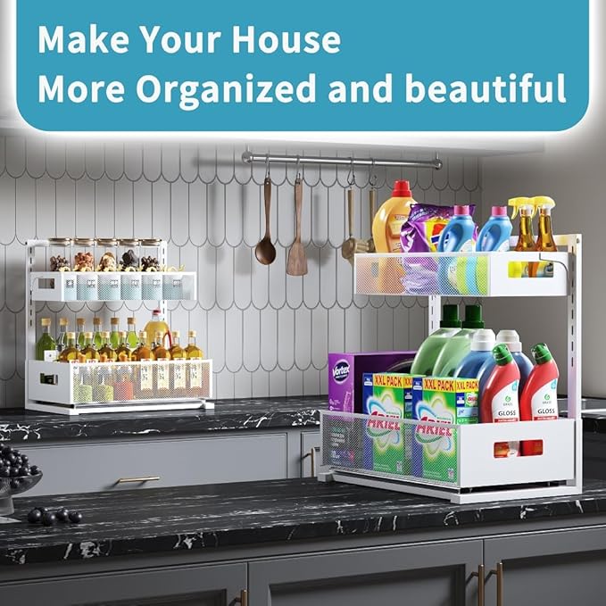 Under Sink Organizer Adjustable Height 2 Tier Bathroom Organizer Pull Out Cabinet Organer kitchen organizers and storage fridge organizers and storage,White,XL-1 Pack