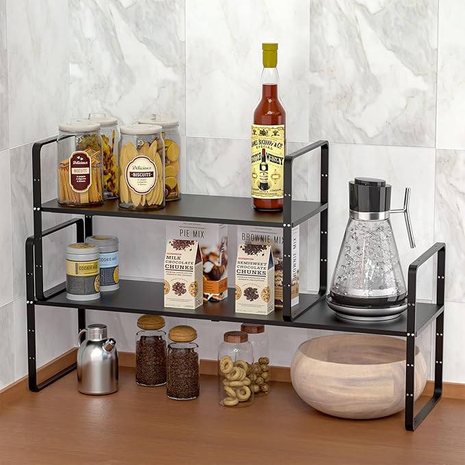 Expandable Kitchen Cabinet Shelf Organizers 2 Pack, Stackable Metal Pantry Storage Shelves Rack, Adjustable Counter Shelf for Cabinets, Countertop, Cupboard Organizers and Storage, Black