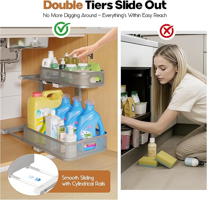 1 Pack 15.7IN-Depth Under Sink Organizer With Smooth Cylindrical Rail,2-Tier Pull Out Multi-Purpose Cabinet Storage for Bathroom&Kitchen,Height Adjustable,Rust-resistant Coating-Gun Gray