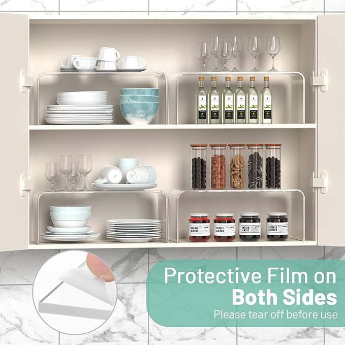 4 Packs Kitchen Cabinet Shelf Organizer, Acrylic Clear Shelf Riser, 5mm Thick Spice Rack for Dishes, Soda Cans and Cup(11.8 x 4.72 x 4.72 Inch)