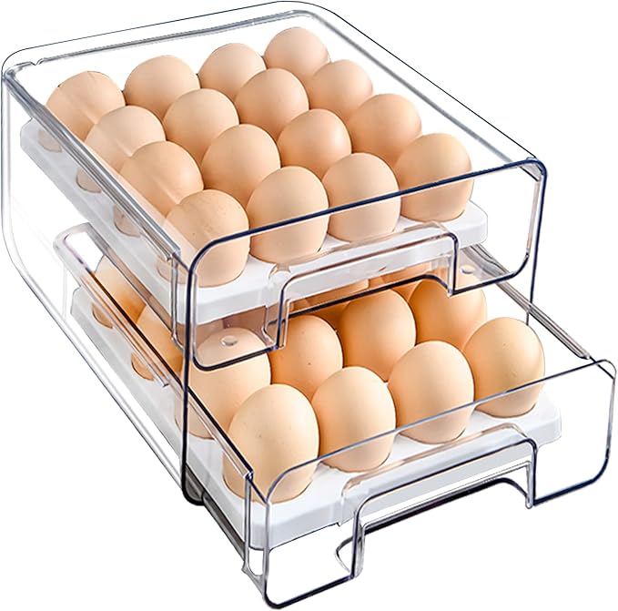 Large Capacity Egg Container for Refrigerator - 32 Eggs, Double Layer Drawer With Removable Tray, Stackable, BPA Free
