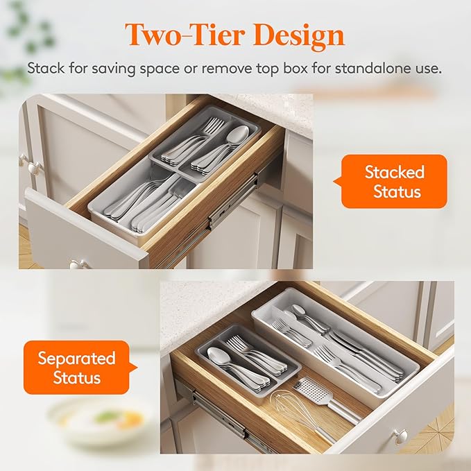 Lifewit Compact Silverware Organizer for Kitchen Drawer, Narrow Flatware Tray Holder, Plastic Cutlery Spoons, Forks and Knives Storage, White&Gray, 1 Pack