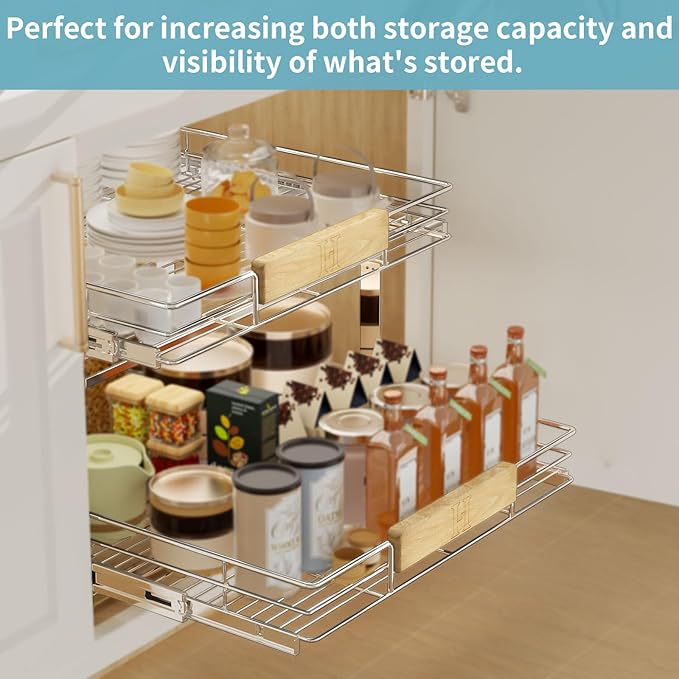 LOVMOR 2 Tier Pull Out Cabinet Organizer 31½" W x 21½" D, Slide Out Drawers with Wooden Handle, Sliding Shelves Organization and Storage for Kitchen, Pantry