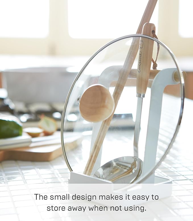 Yamazaki Home Ladle & Lid Rest - Kitchen Utensil Organizer Stand for Cooking Steel + Wood White