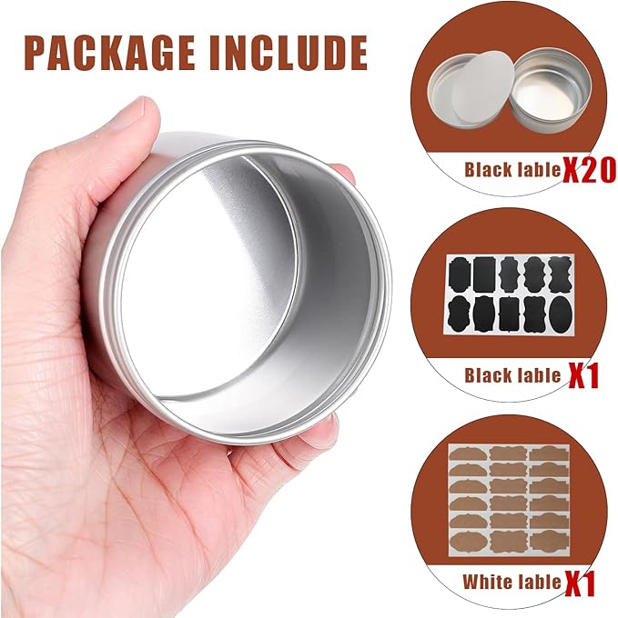 3 oz Tins Aluminum Can 20 Pack Salve Tins Metal Tin Jars, 3oz Tin with Lids Refillable Containers With Screw Top and Labels for Salve,Candle,Spices or Balms(Silver)