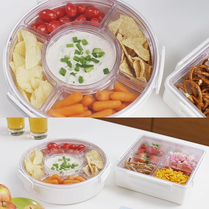 Gourmet Palette Airtight 5-Compartment Round Serving Tray with Lid, Portable Snackle Platter, Charcuterie Organizer Box, Removable Dividers for Fruit, Veggies, Snacks, Appetizers and More