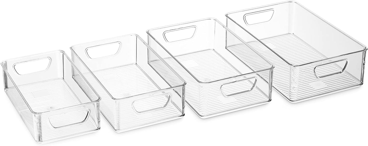 Munfix Set Of 16 Refrigerator Organizer Bins - Plastic Pantry Organization and Storage Baskets - Stackable Food Fridge Organizers with Cutout Handles for Freezer, Kitchen, Countertops, Cabinets
