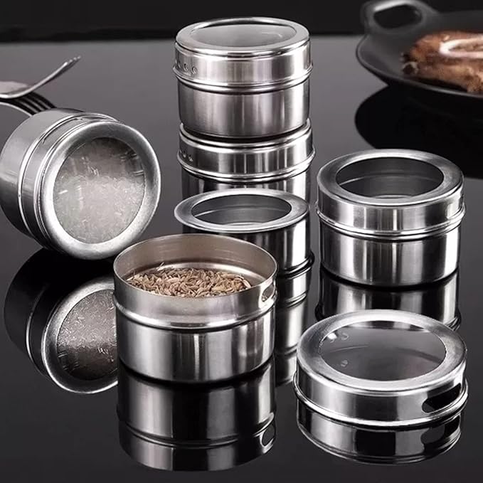 12-Piece Magnetic Spice Jar Set | Kitchen Essentials Seasoning Organizer | Durable Spice Tins with Sift-Pour Lids & Clear Viewing Window | Ideal for Kitchen Refrigerator & Cabinet Organization