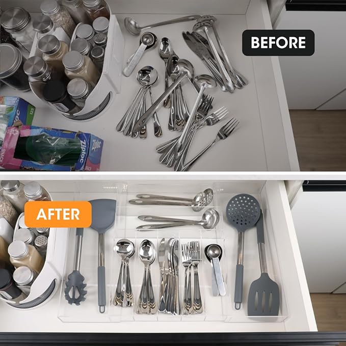 AIEVE Clear Acrylic Silverware Organizer, Expandable Kitchen Drawer Organizer for Utensils, Flatware, Cutlery with 9 Compartments