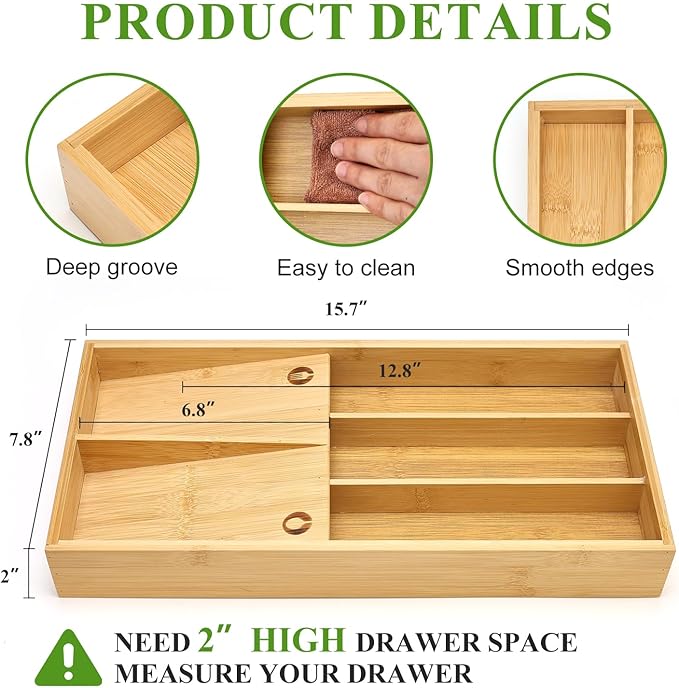 Bamboo Silverware Drawer Organizer Cutlery Tray for Drawer Wood Kitchen Utensil Tray Flatware Caddy Cutlery Holder Utensil Drawers Organizer for Spoon Fork Knives Wooden Silverware Trays