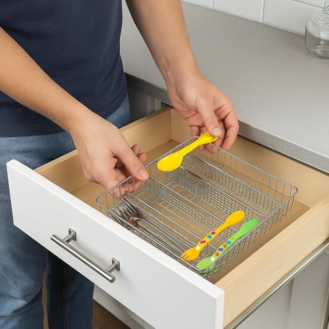 5-Compartment Chrome Wire Cutlery Tray β Durable Utensil & Drawer Organizer for Kitchen & Office Supplies