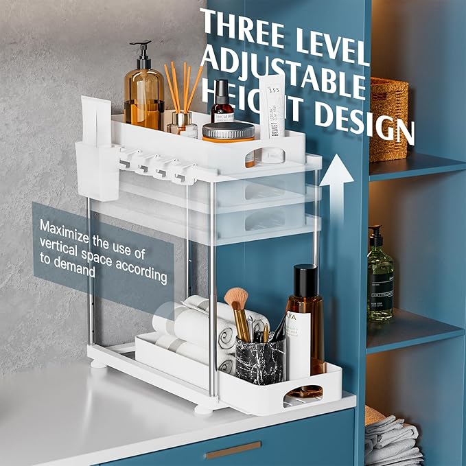 2 Pack Under Sink Organizers and Storage, Double Sliding Kitchen Cabinet Organizer, 2 Tier Height Adjustable Countertop Organizer for Kitchen Bathroom Laundry, White