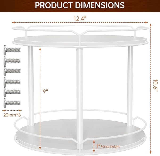 12.4" Lazy Susan Organizer 2 Tier - Rotating Spice Rack, Wooden Spinning Spice Holder for Inside Cabinet, Pantry, Kitchen, Countertop, Bathroom and Vanity, Versatile Storage (White)
