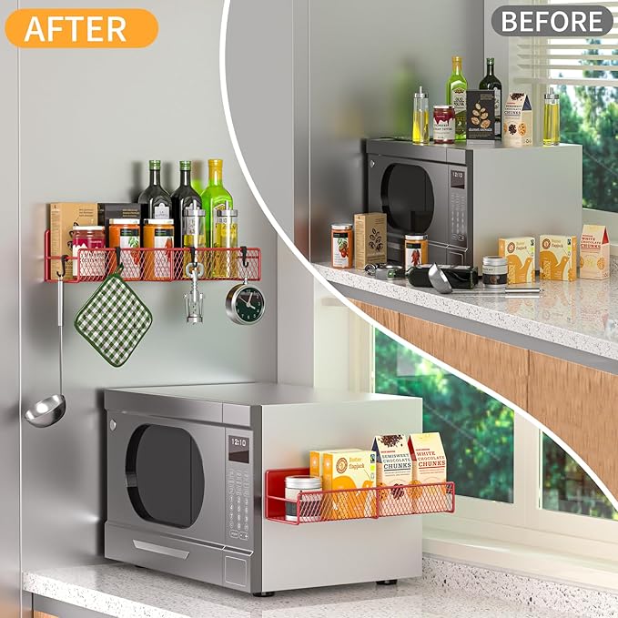 Magnetic Spice Rack for Refrigerator, 2 Pack Metal Magnetic Shelf, Moveable Spice Organizer with Hooks, Super Magnetic Fridge Shelf for Kitchen Organization and Storage, Red